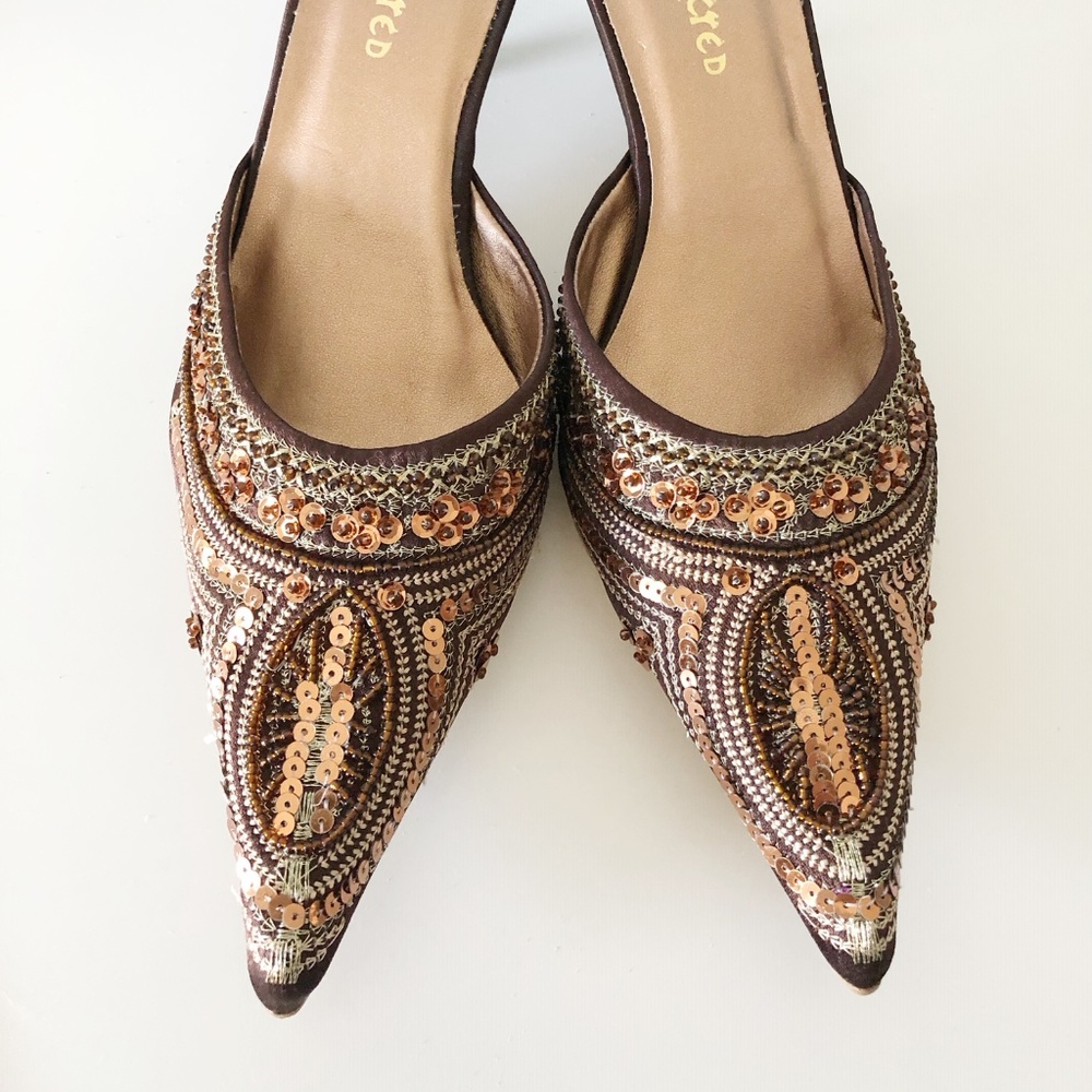 Restricted I Brown Sequin Kitten Heel Mules 8.5 - Picture 1 of 7